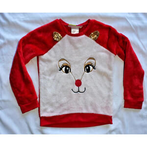 Penelope Mack Girls Size 6X Holiday Red White Fleece Deer Face Top